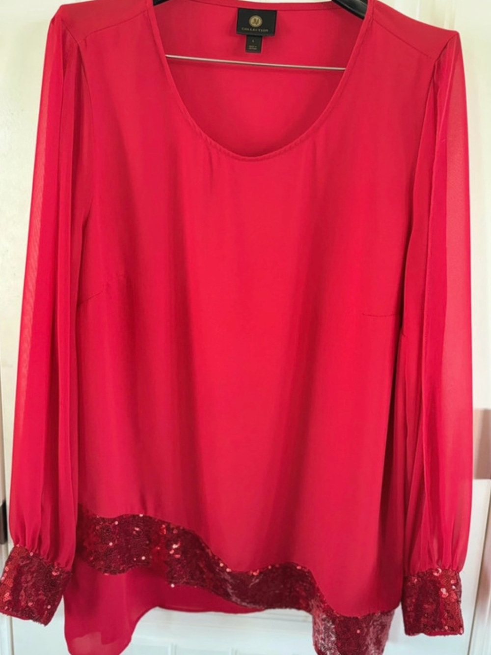 JM Collection Red Long-Sleeve Blouse with Sequin Hem